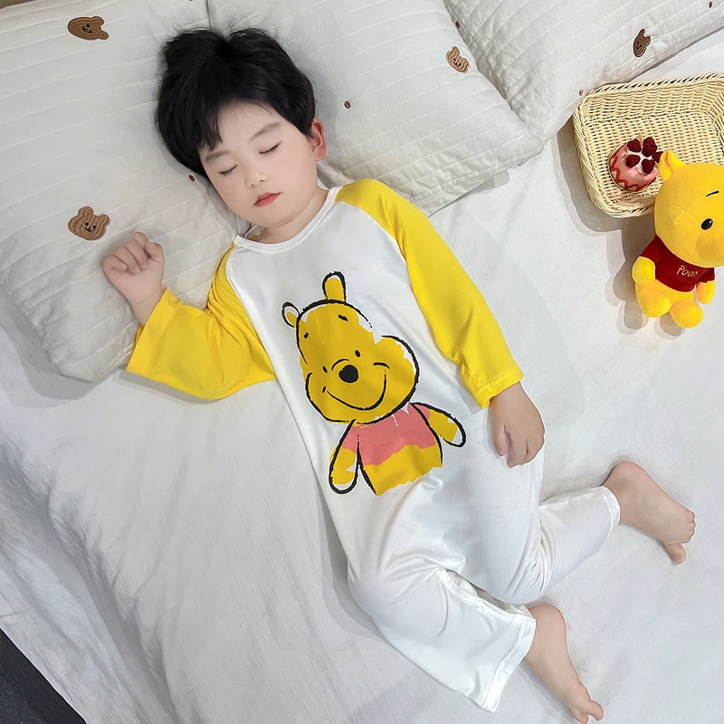 儿童连体睡衣男宝宝莫代尔空调服夏季婴儿长袖哈衣儿童超薄爬爬服