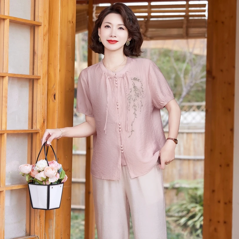中年妈妈仿棉麻套装2025新款女夏季时尚短袖上衣洋气绣花衬衫