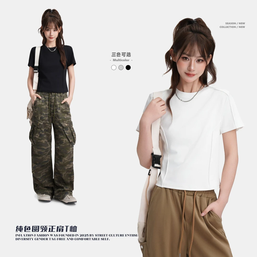 圆领正肩短袖女恤夏季新款设计感纯色修身显瘦上衣潮时尚