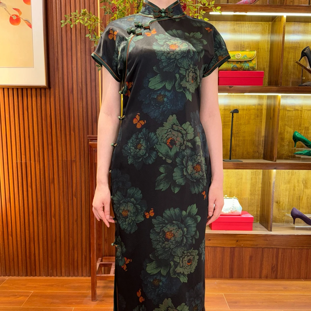 【绿意牡丹】桑蚕丝小重锻香云纱婉约气质旗袍春秋新款优雅玫瑰花