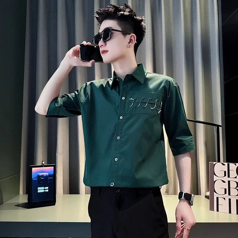 痞帅衬衫男士短袖夏季上衣2025年新款高级感设计感五分袖衬衣男款