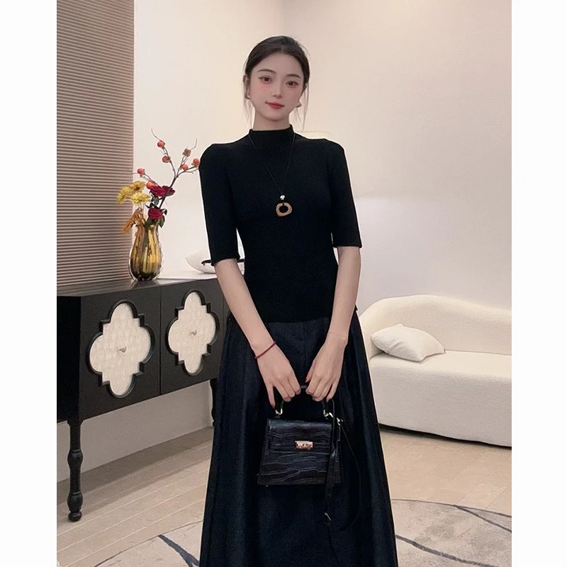 中袖打底衫女秋季修身显瘦设计感小众通勤百搭半高领上衣013/005