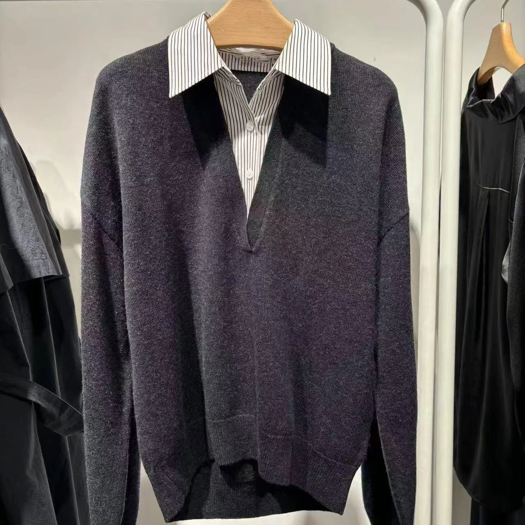 针织衫-5FA133261条纹自由派复古假两件气质百搭