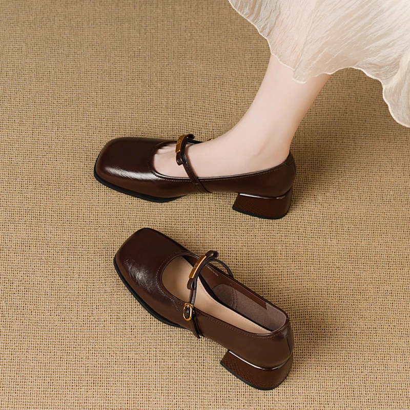 真皮版~法式复古玛丽珍鞋女2025秋季新款方头粗跟不累脚浅口单鞋