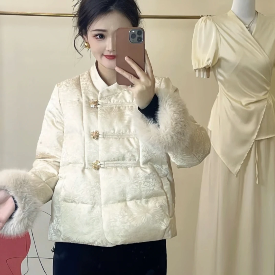 新中式国风重工水晶大钻扣毛毛袖口提花石墨烯云绒棉服外套女冬季