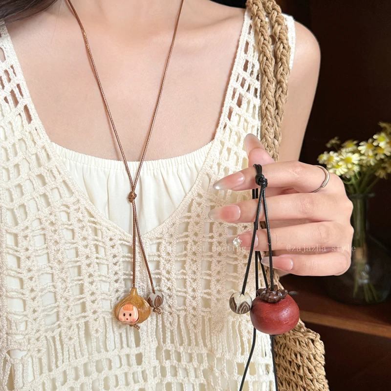 非金属棉绳项链 柿柿如意蒜头娃娃长款项链女复古新中式锁骨链430