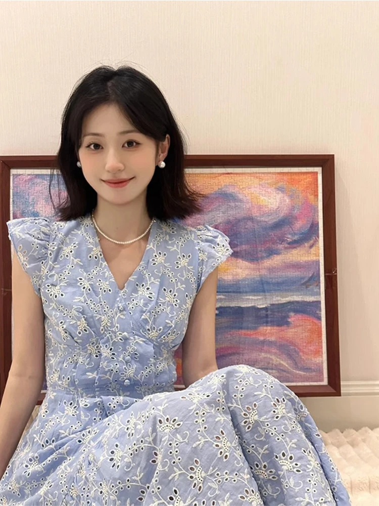 851~法式桔梗v领碎花连衣裙女夏季新款温柔风飞飞袖收腰显瘦长裙