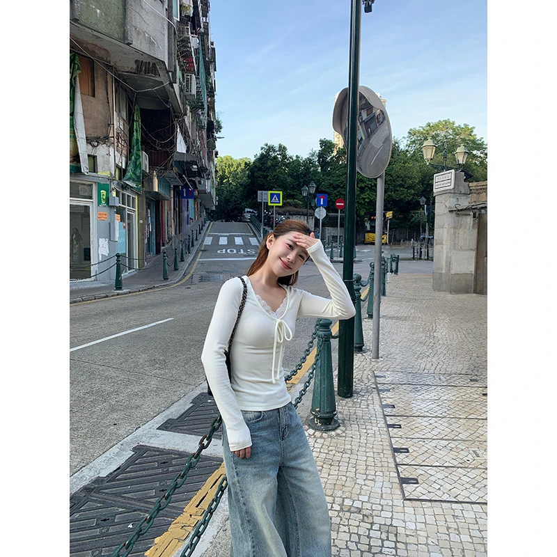 YOKLASS少女家 米杏色显瘦气质设计感长袖女打底针织衫 Z39482S54