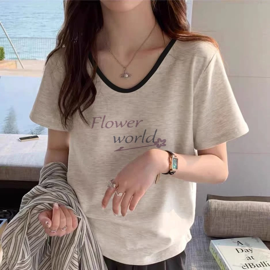 新款美式复古正肩短袖T恤女显瘦夏季撞色棉时尚灰色宽松上衣