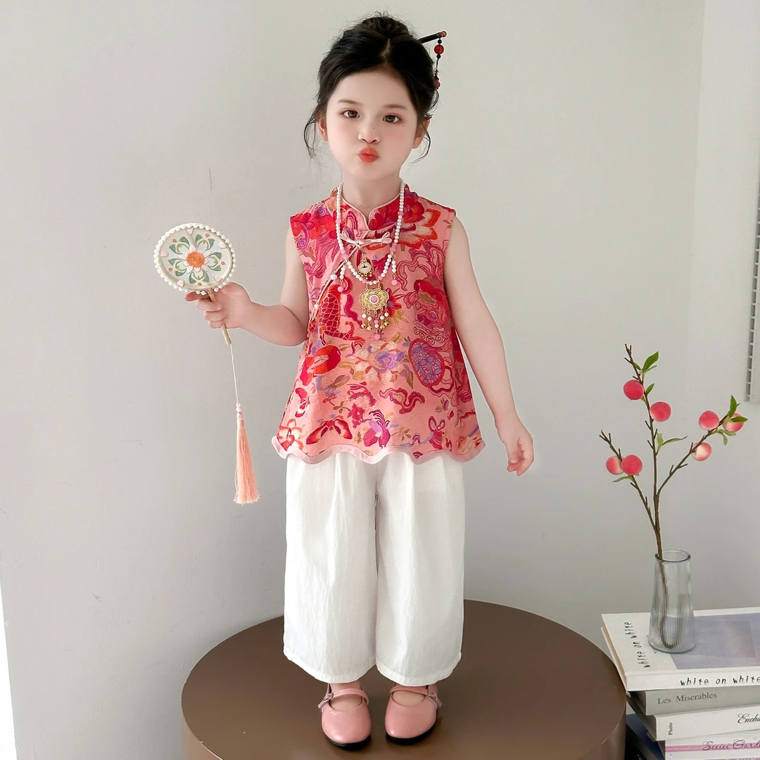 女童夏季国风套装洋气儿童新款小女孩中式盘扣两件套宝宝夏装薄款