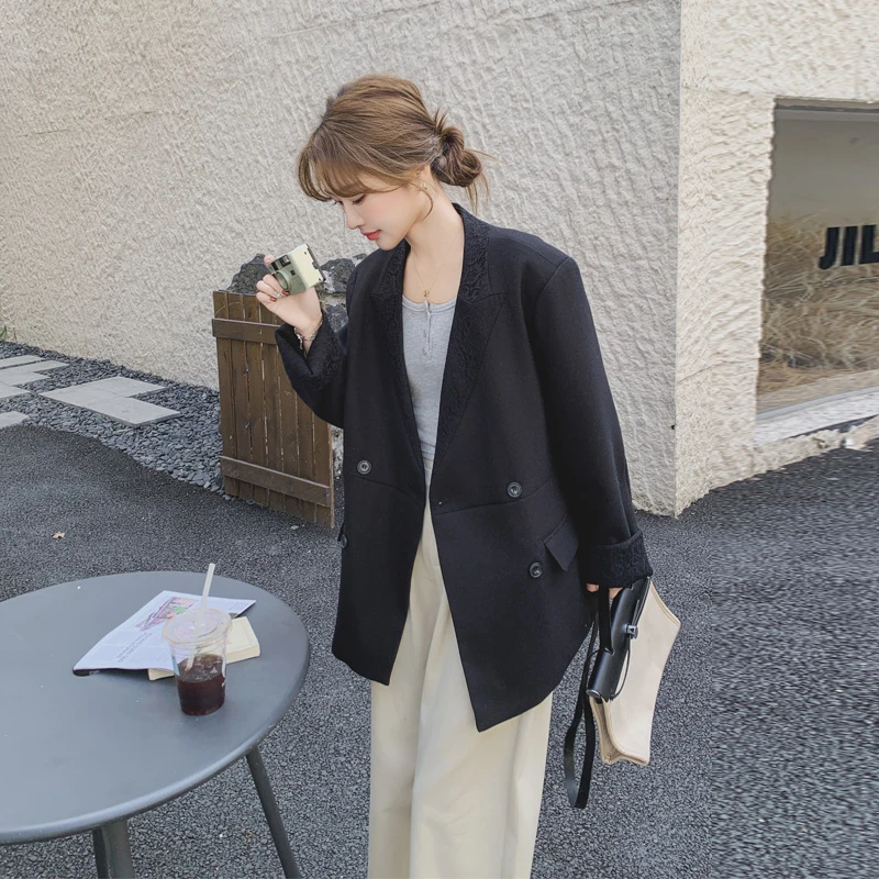 休闲韩系西装外套女2025早春新款小众流行松弛感经典款黑色西服潮