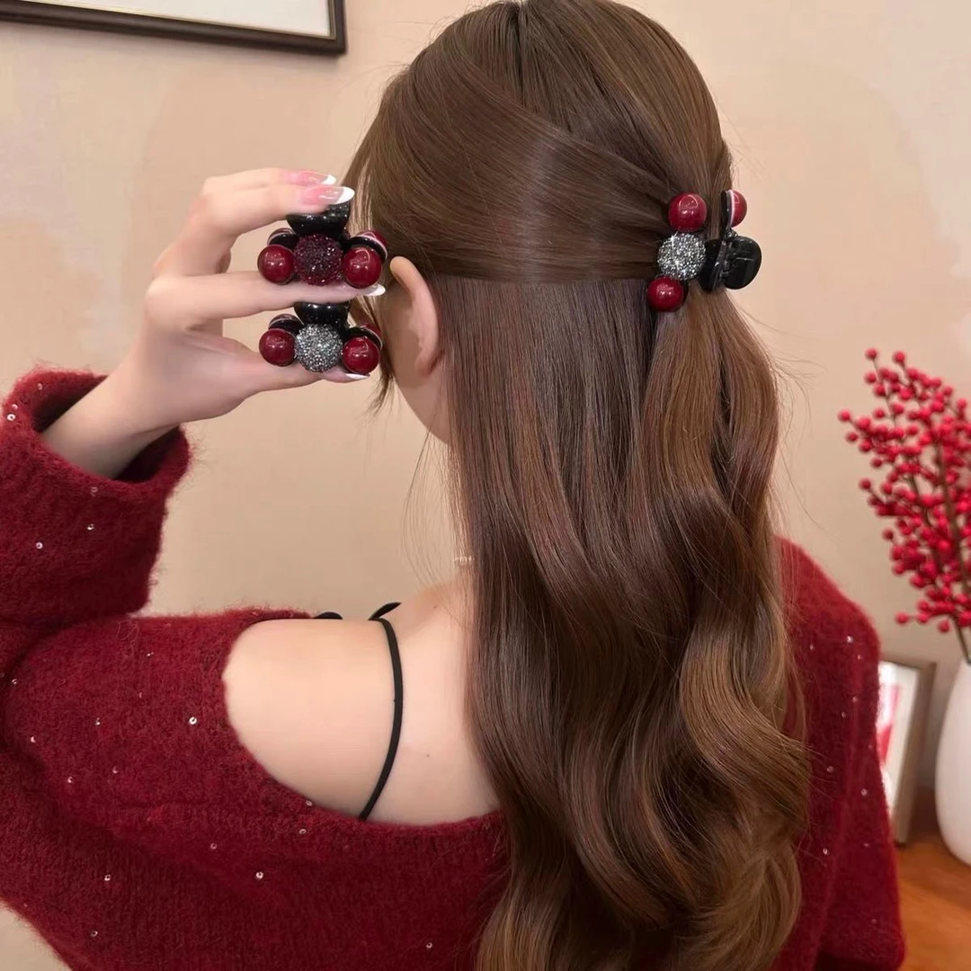 红色水钻珠珠刘海夹发卡2025新款喜庆氛围感小抓夹新年高马尾发夹