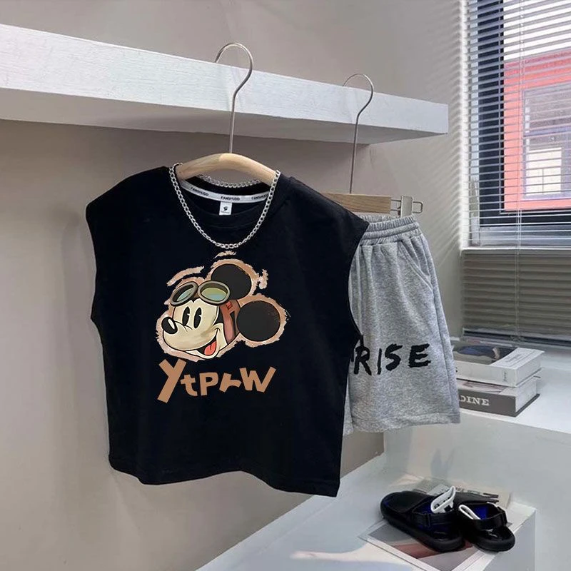 男童背心套装女童夏装中小童装儿童无袖米奇两件套夏季宝宝宽松潮