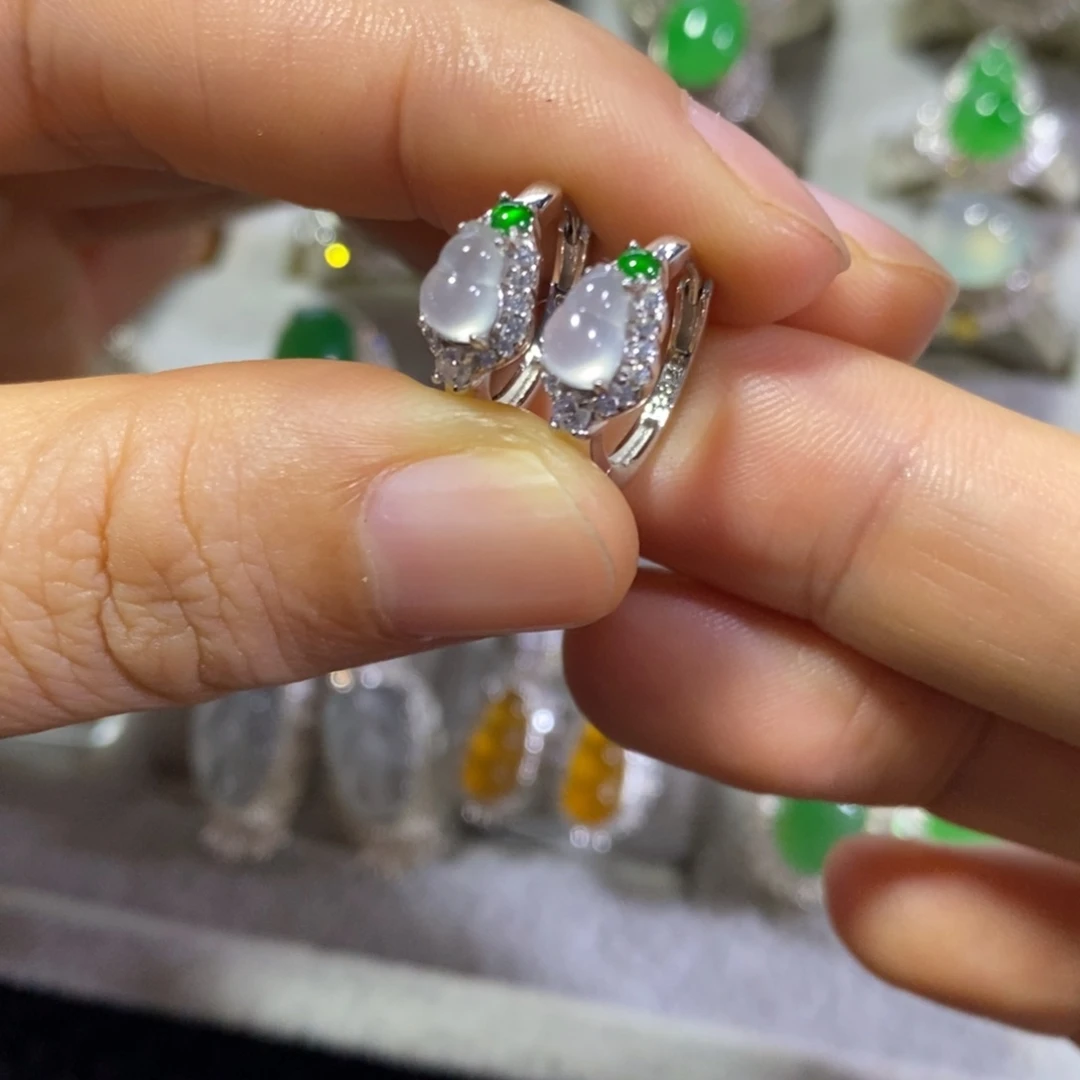 翡翠银S925镶嵌耳饰耳扣