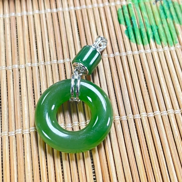 天然和田玉碧玉俄料吊坠20 mm甜甜圈925银镀金 KY0055P