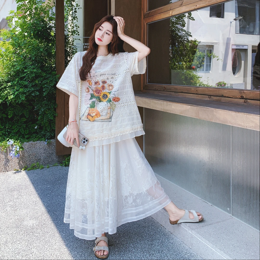 新中式国风套装女夏季两件套钩花蕾丝短袖衬衫半身裙气质连衣裙