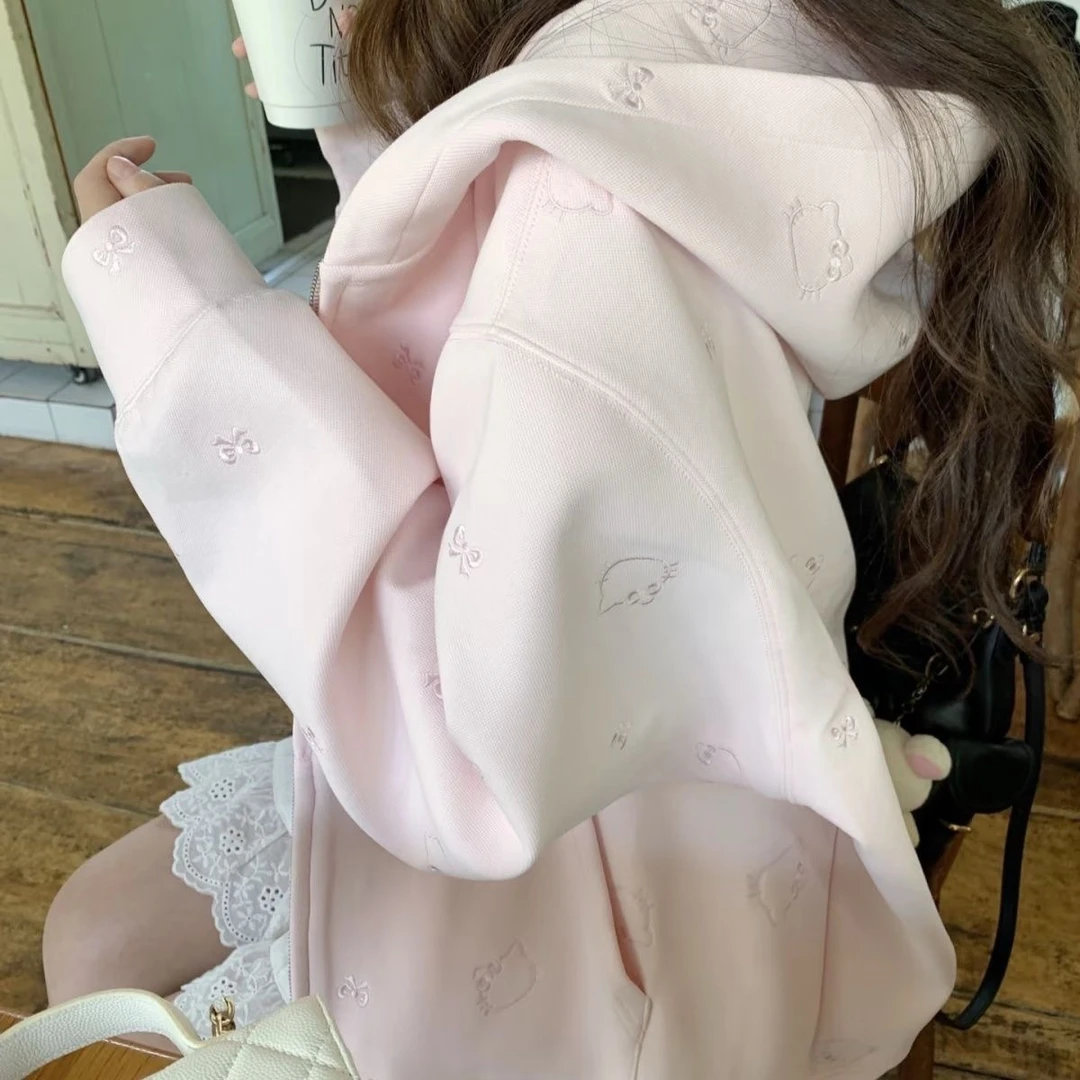 韩系甜美碎花连帽卫衣女早秋新款宽松中长款拉链慵懒风长袖外套潮