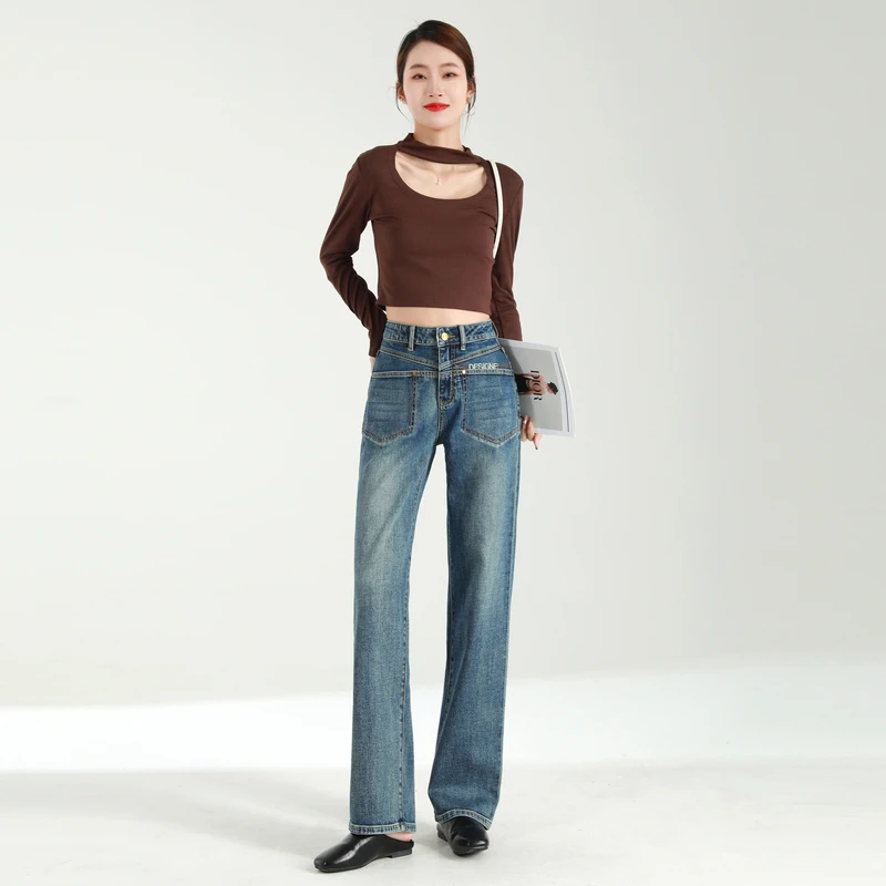 【晴天】高端女裤秋季新款品蓝色直筒长裤无弹时尚百搭牛仔裤9522