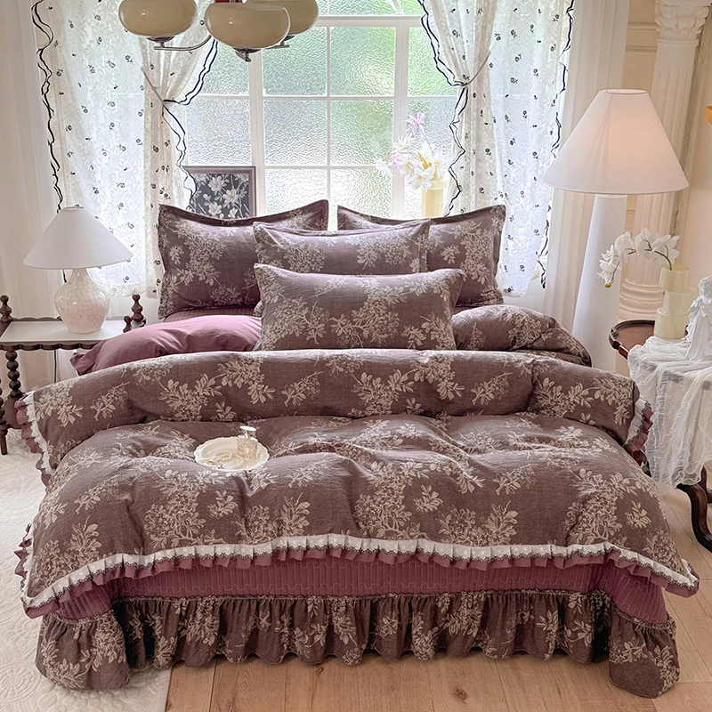 轻奢法式荷叶边棉麻加厚床盖四件套韩版针织水洗棉双层纱四季通用