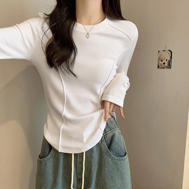 徐秋阳白色长袖打底衫女秋冬内搭短款鱼骨上衣设计感修身加绒女装