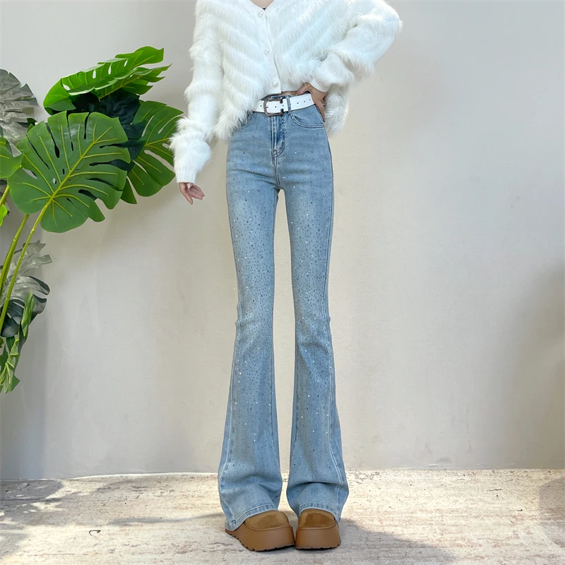 冬季新款加绒迪否复古满天星烫钻微喇裤高腰修身显瘦弹性牛仔裤