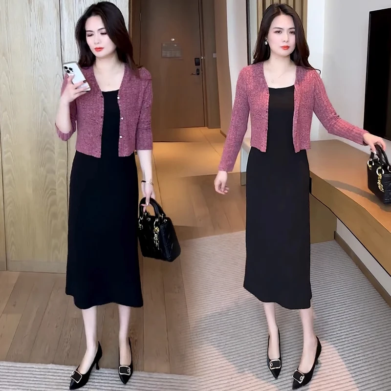 拉夏贝尔2025夏季新款洋气减龄针织开衫后妈裙两件套时尚裙子套装