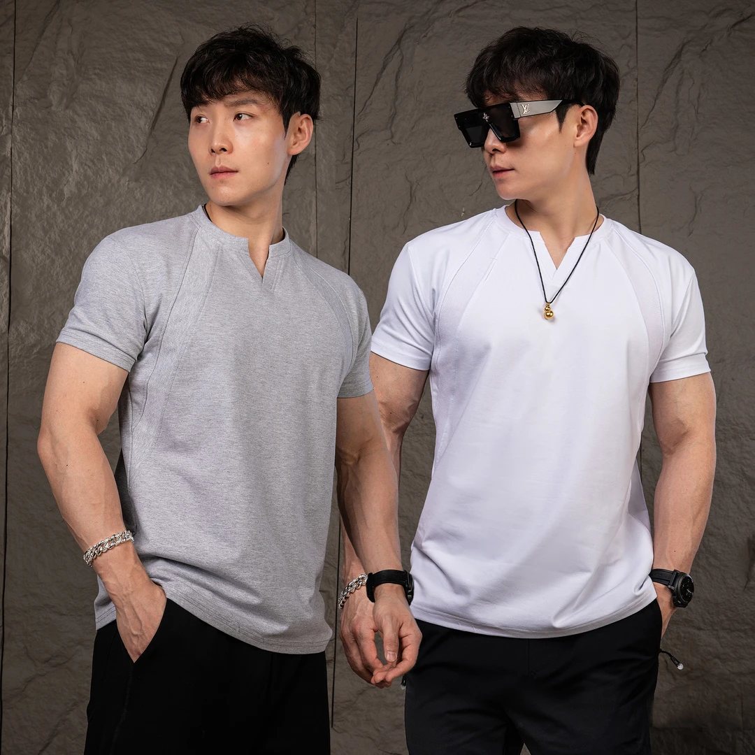 2025夏季男士运动短袖跑步健身训练V领T恤休闲百搭修身棉质半袖