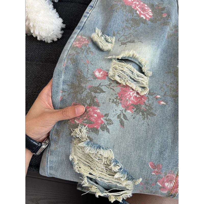 美式高街花卉破洞牛仔裤男款夏季小众设计直筒宽松显腿长vibe裤子