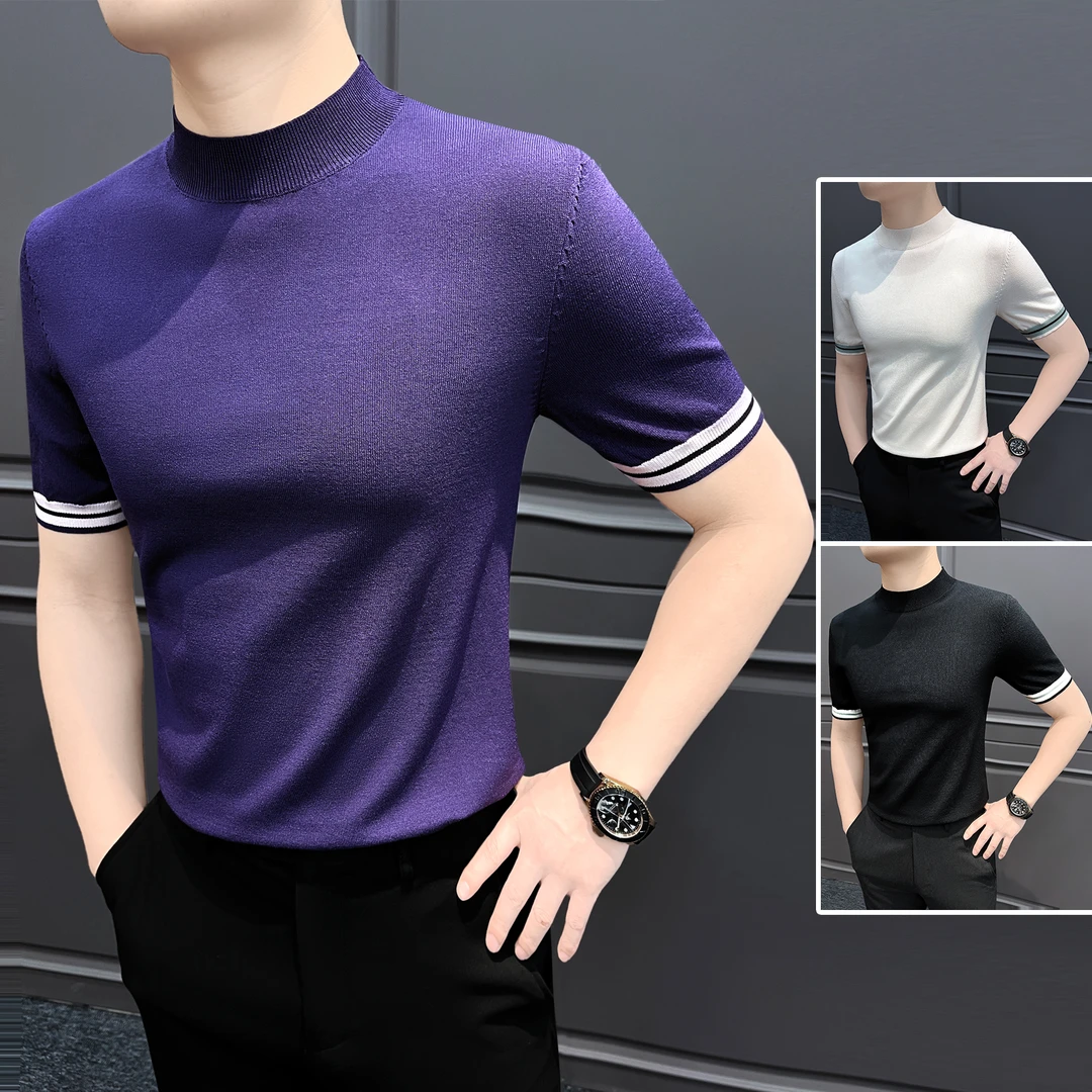 半高领针织短袖t恤男款网红款洋气炸街男装高级感条纹男士打底衫