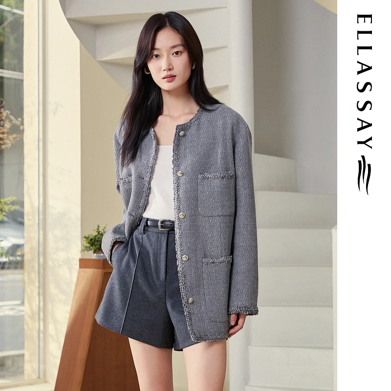 ELLASSAY歌力思2025秋季新款小香风粗花呢毛呢外套女EWB363D00300