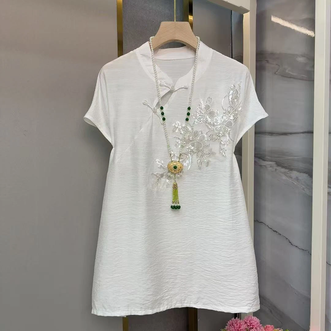 大码女装短袖爆款国风刺绣2025盘扣上衣夏季新款中式衬衫轻薄显瘦