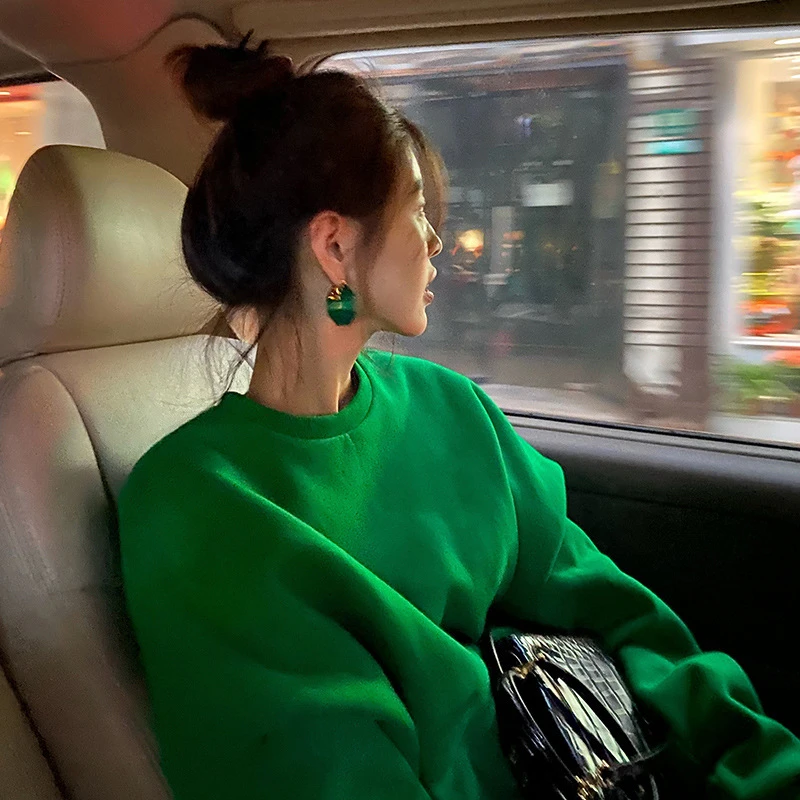 绿色潮牌卫衣女2025新款百搭宽松中长款遮屁股春秋冬加绒加厚外套