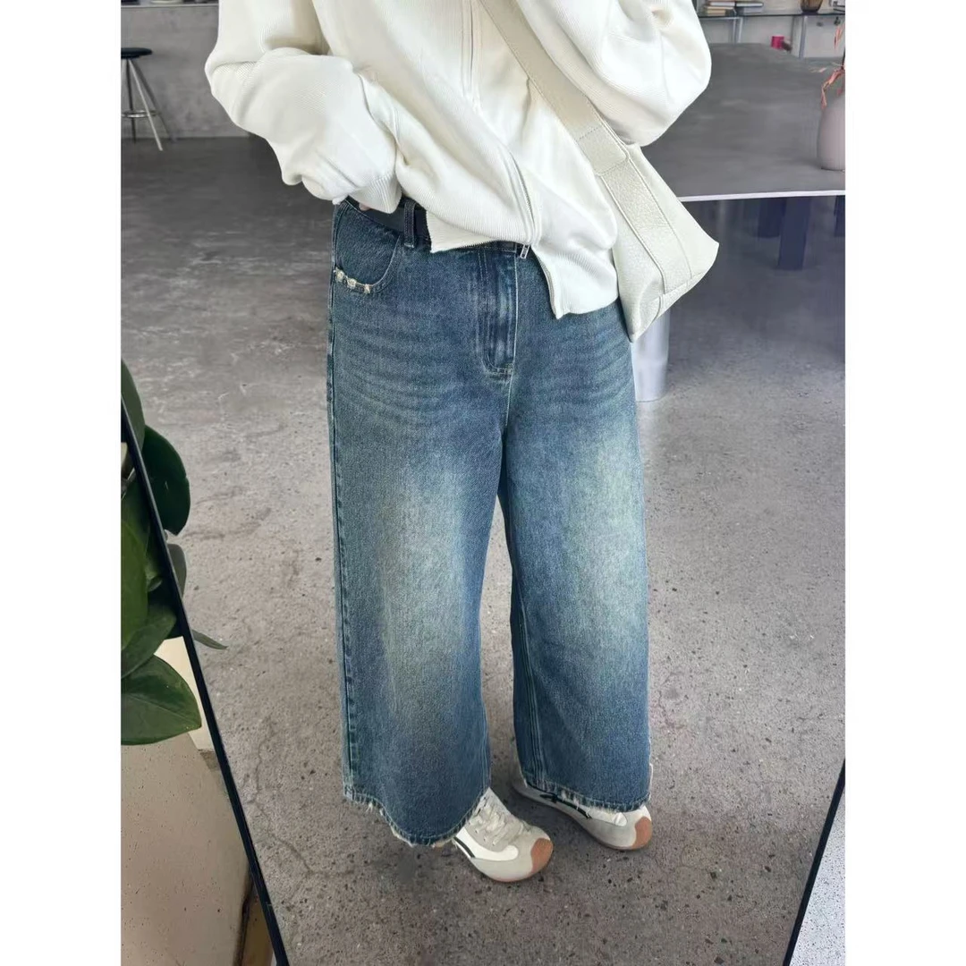 晶咕佳佳【玩转穿搭】水洗磨白潮流阔腿裤显瘦高腰休闲百搭复古