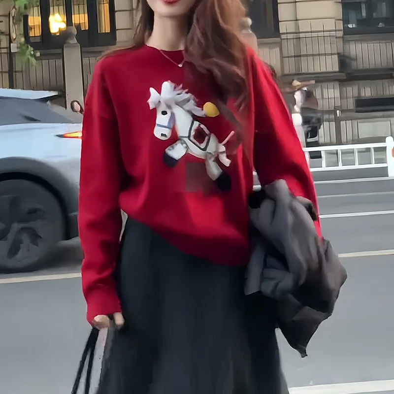 春季圆领卡通小马提花毛针织衫女秋冬慵懒松弛感宽松显瘦套头毛衣