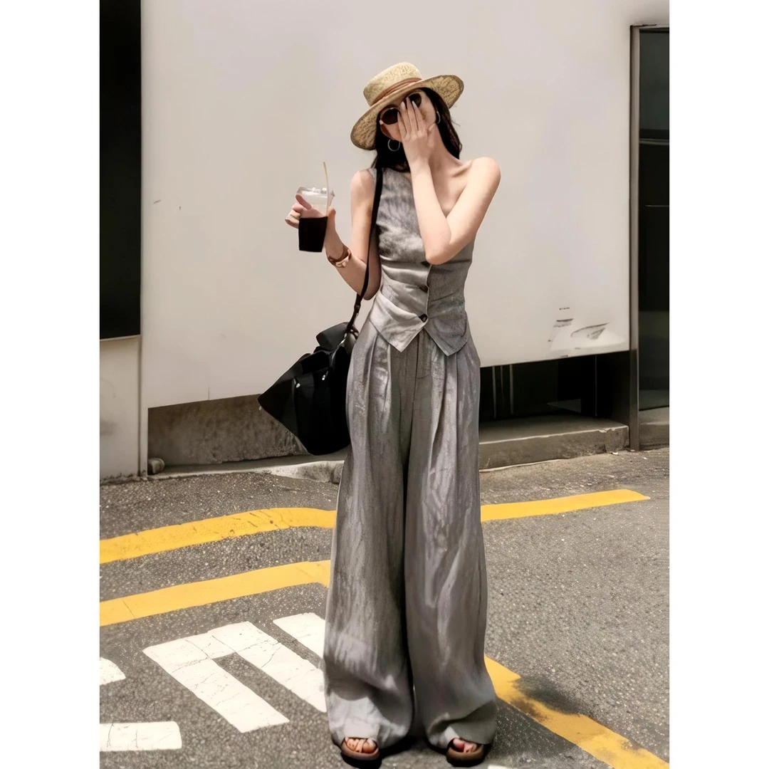 VOCKOO官方2025秋斜肩小背心亚麻马甲背心上衣+百搭宽松亚麻阔腿