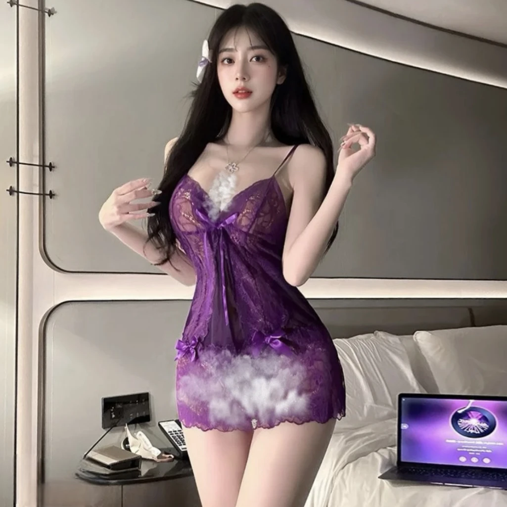 觅遇 80-200蕾丝吊带蝴蝶结绑带镂空睡衣女性感薄透时尚紫色提花