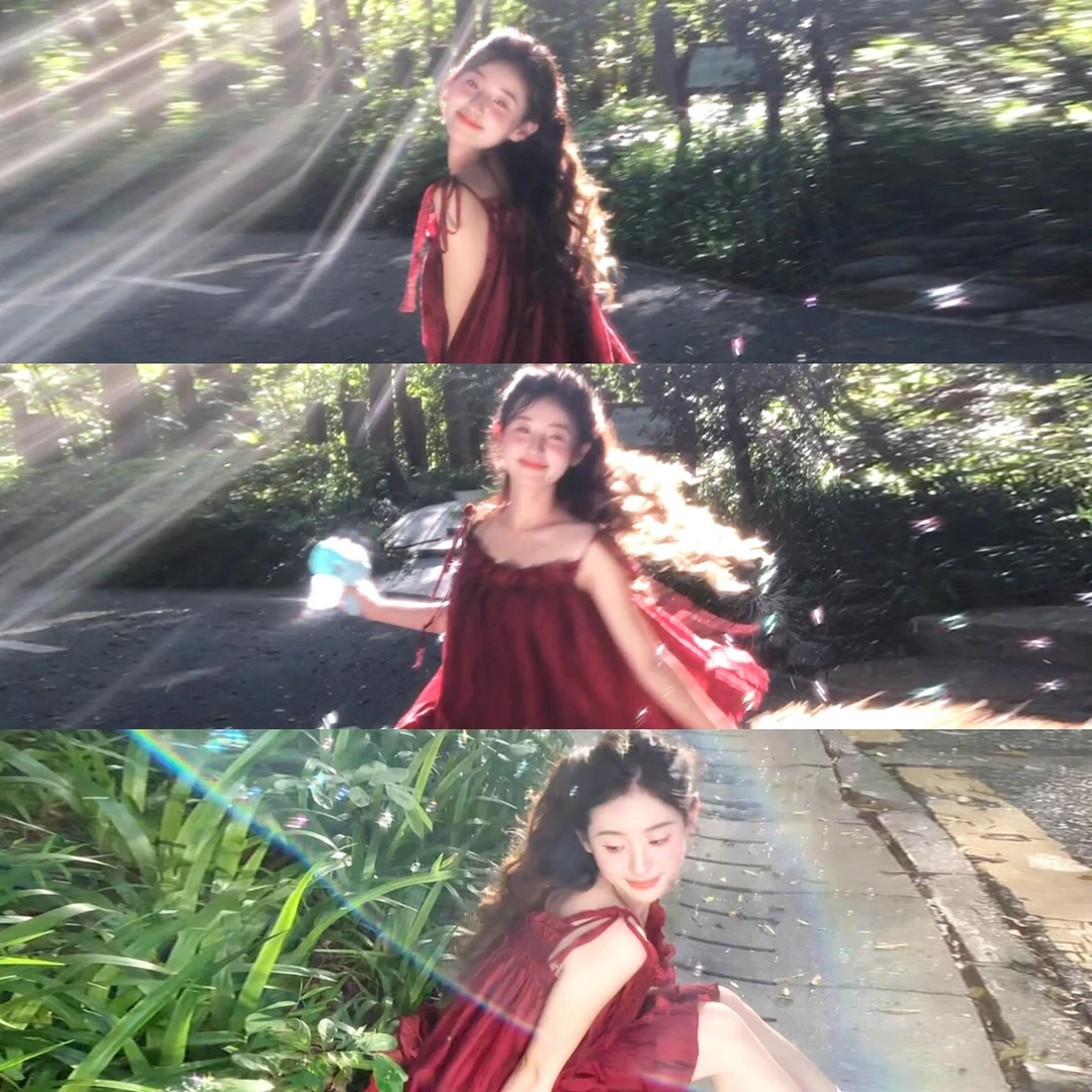 小个子红色吊带连衣裙子女装夏季2025新款韩系海边度假风蓬蓬短裙