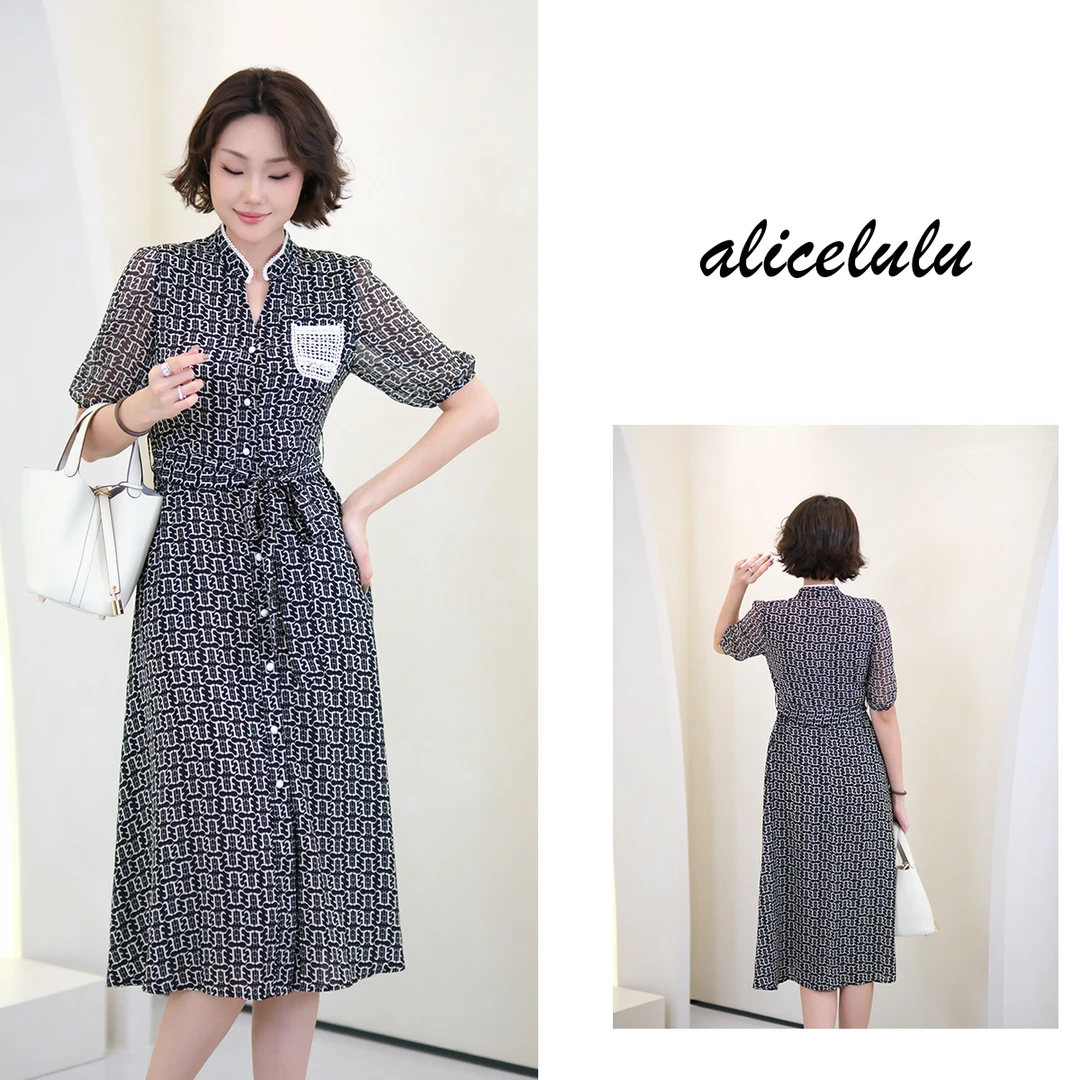 [alicelulu] 女人味单排扣短袖花色系带显瘦连衣裙 S2142712A