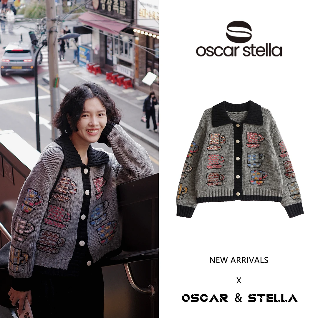 OSCAR&STELLA【茶杯】女士时尚休闲百搭针织长袖翻领毛衣377-4072