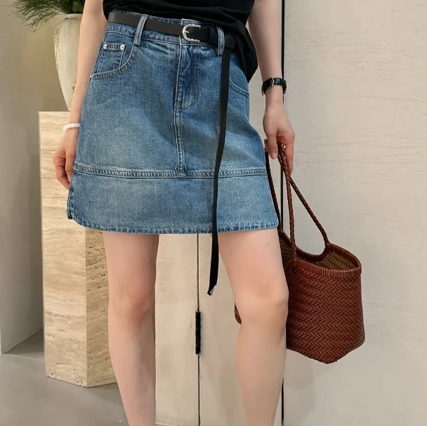 夏季拼接薄款侧边开叉腰带小A裙