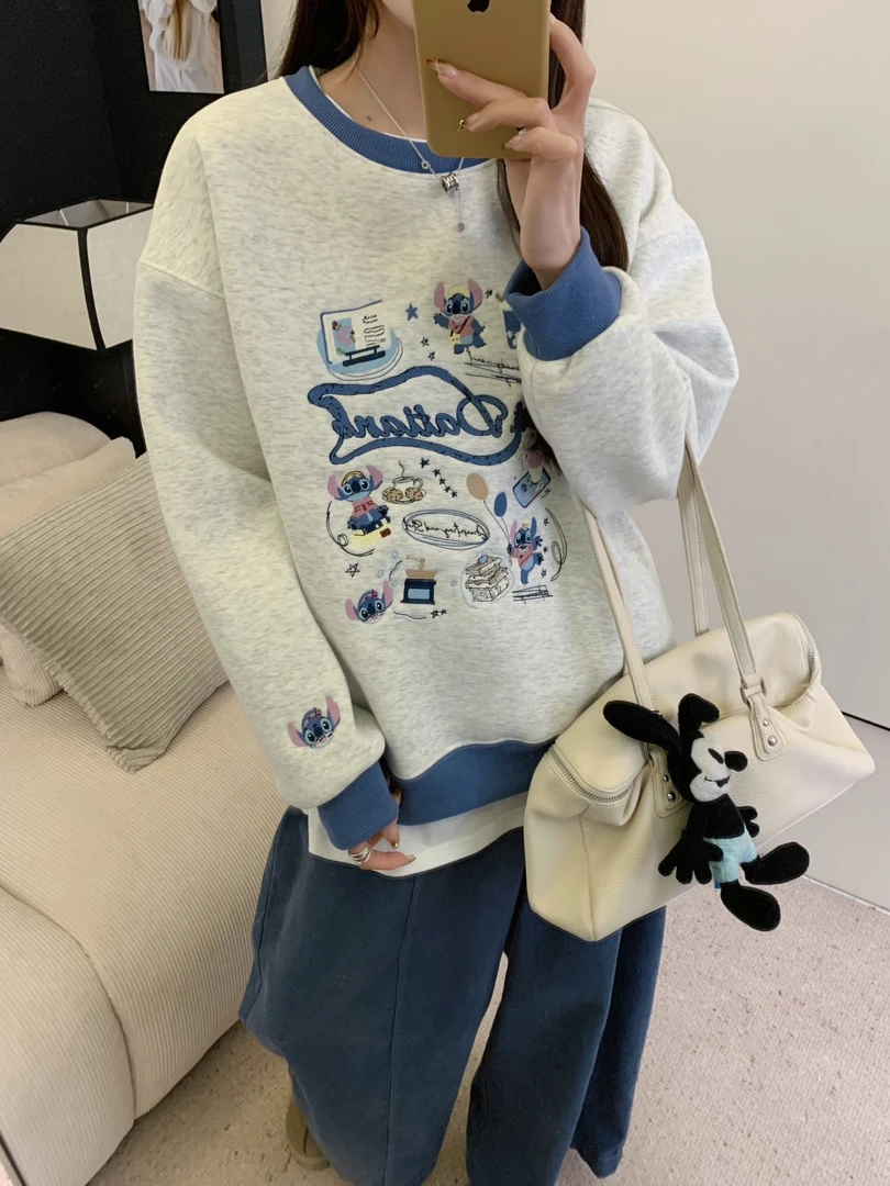 阿悄家 冬季新款 DT史迪仔重工刺绣圆领假两件加绒卫衣#3708