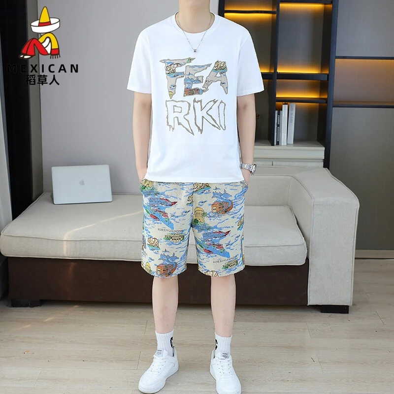 稻草人夏天休闲运动套装男士2025新款夏季短袖短斯文败类风格男装