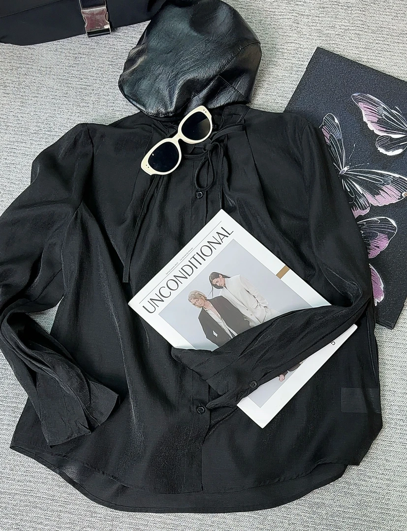 5590#小香风泡泡袖缎面衬衫高级感立领打底内搭洋气小众