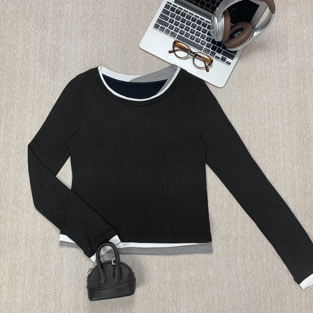 简约舒适拼接撞色气质圆领长袖T恤 68563