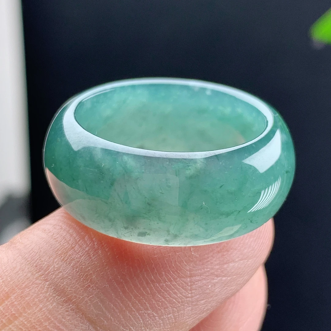 戒指内径20.3纯天然A货翡翠老坑冰种蓝绿色素面轮胎宽扳指环精美