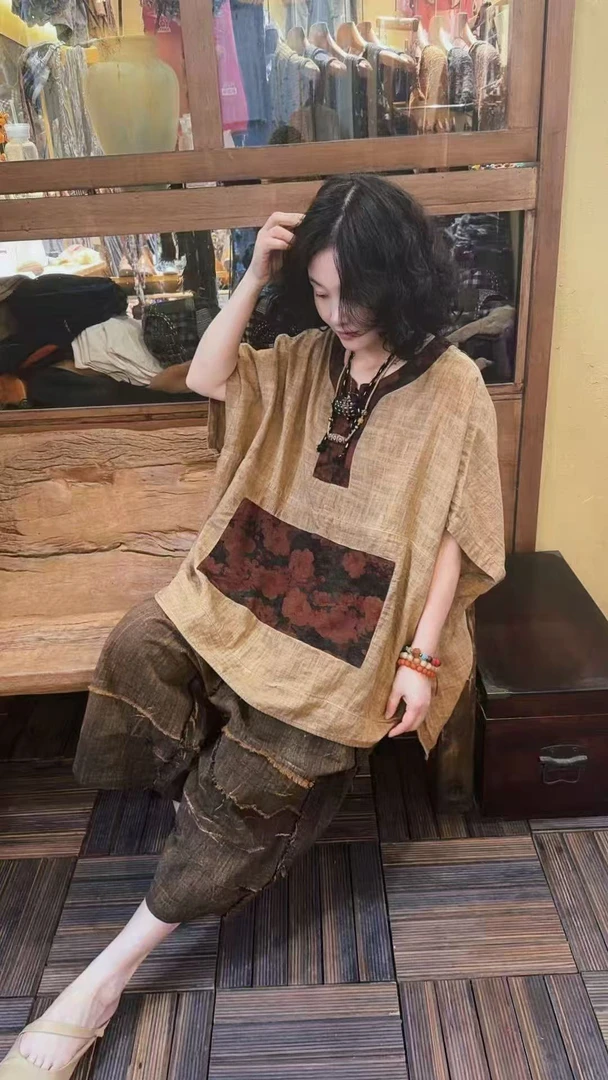 王蜜儿亚麻拼接贴布上衣（衣长前长65后长75胸围160）