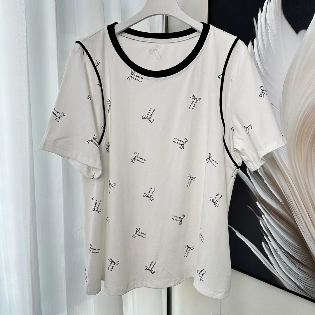 【女权贵族】T夏季ins风蝴蝶结印花T恤-3337