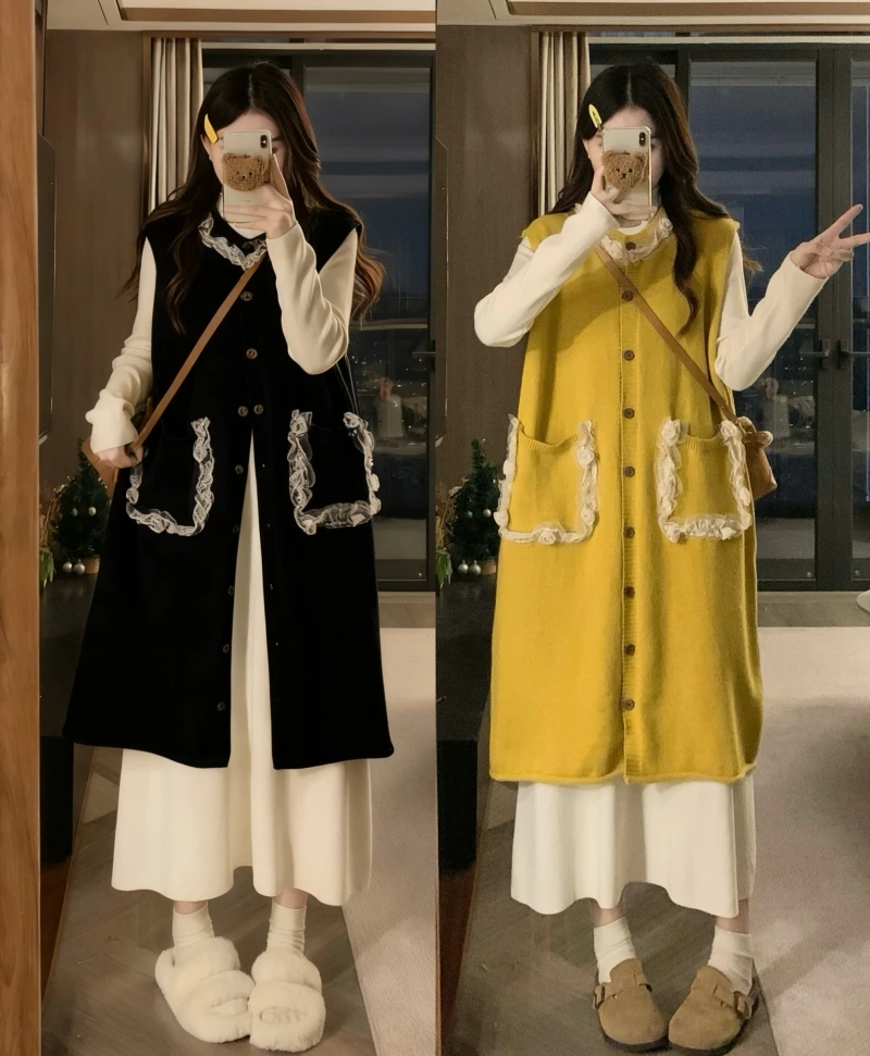 2025秋季马甲背心长款针织裙+毛衣两件套韩版高品质时髦洋气套装