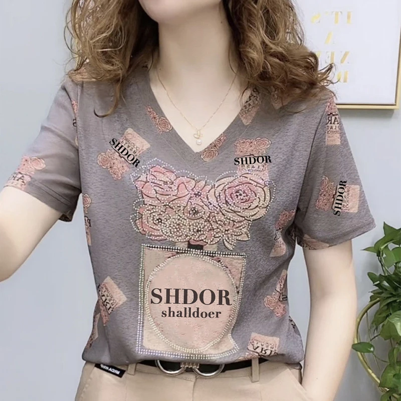 短袖t恤女士2025年夏季新款休闲时尚洋气小衫短款上衣V领减龄显瘦