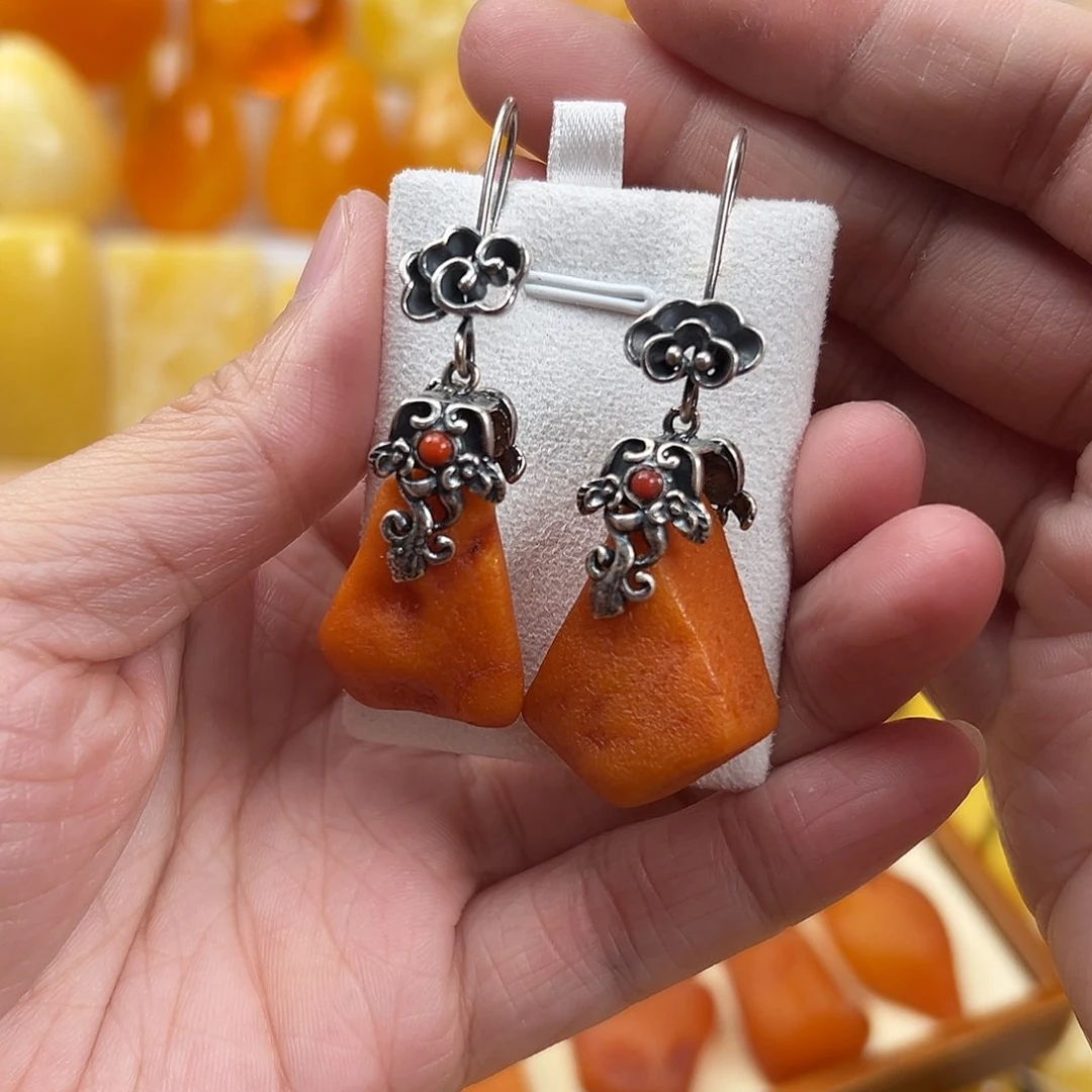 蜜蜡耳饰银S925镶嵌蜜蜡